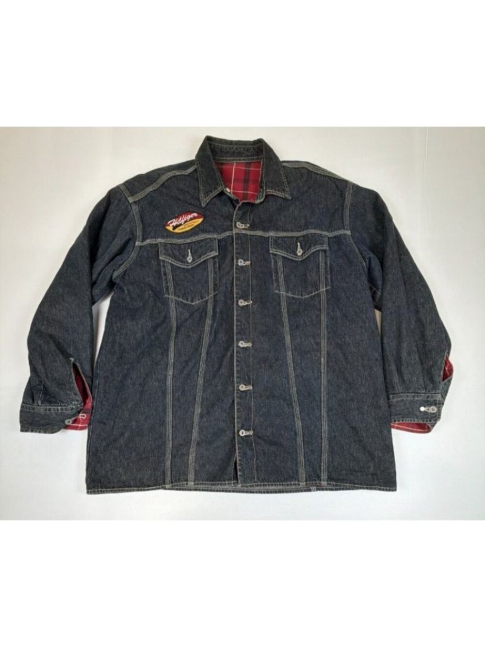 Vtg 90s Tommy Hilfiger Jeanswear Genuine Parts Reversible Denim Plaid Shirt XL